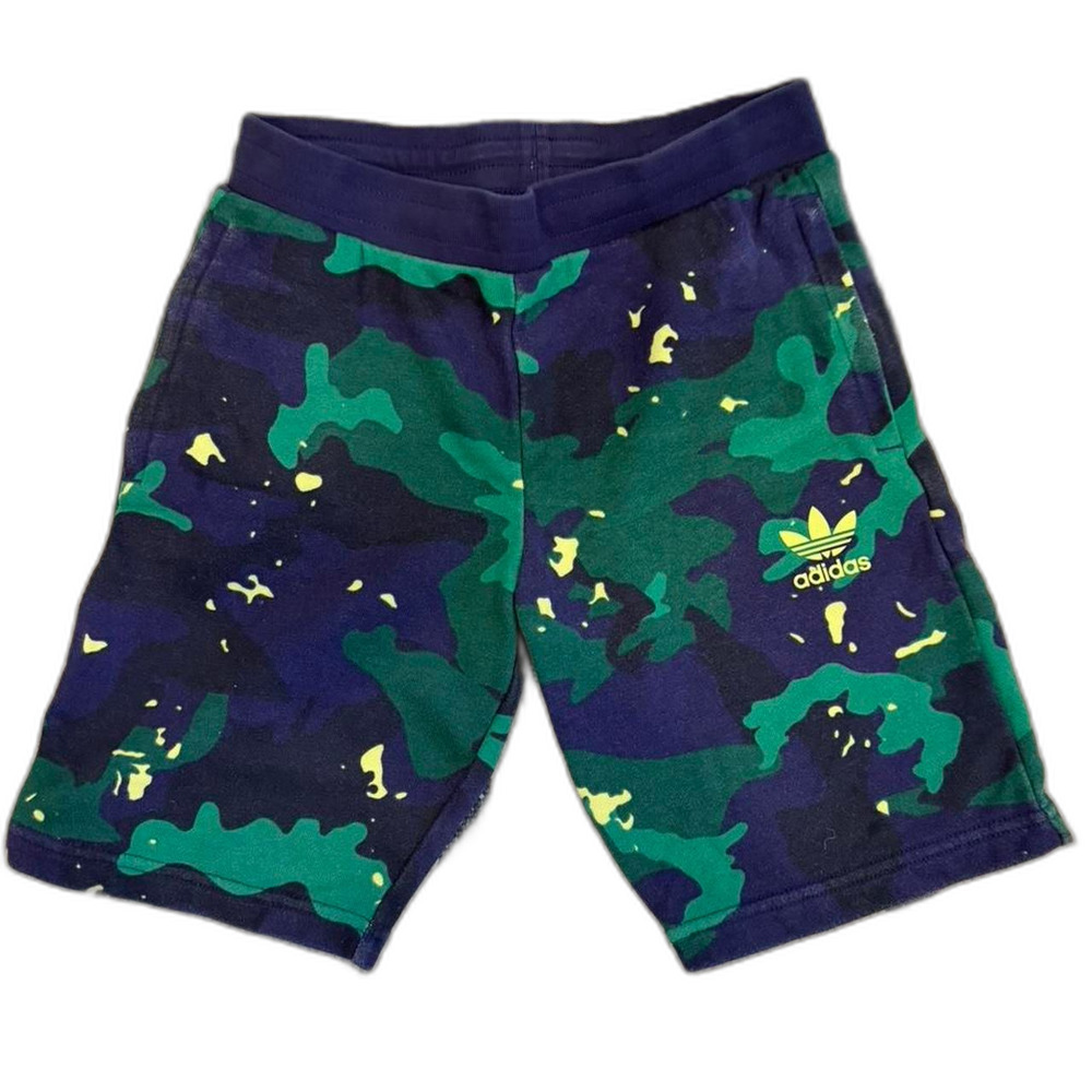 Adidas Kids Blue and Green Camo & Yellow Splatter Athletic Shorts